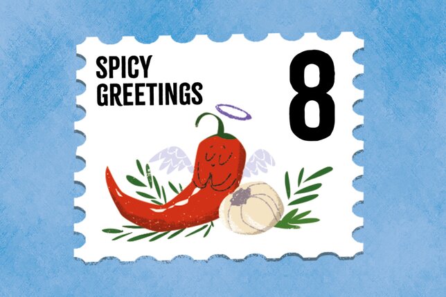 SONNENTOR Gewürzadventkalender - Türchen 8: Eine Illustration einer Chili und eines Knoblauchs mit den Worten "Spicy Greetings" | © SONNENTOR