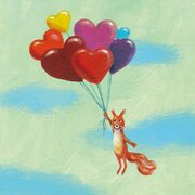 Illustration eines Eichhörnchens auf grün-blauem Hintergrund, das an mehreren bunten, herzförmigen Luftballons in der Luft schwebt. | © SONNENTOR