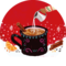 Illustration with black cup on red and white background and cinnamon sticks, orange slice and teapot. | © SONNENTOR