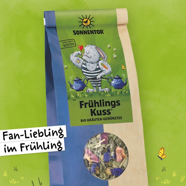 SONNENTOR Frühlings Kuss Bio Kräuter-Gewürztee, lose, mit Text „Extra große Blätter“ und „Fan-Liebling im Frühling“