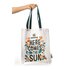 The bag has the words "Here comes the sun" written on it, and all around it is a bluish leafy vine with colorful figures in between.