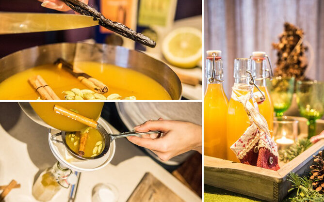 Orangen Kardamom Sirup Zubereitung | © SONNENTOR Auf den Foto s sieht man wie der Sirup in einem Topf zubereitet wird und anschließend abgeseiht wird. | © SONNENTOR